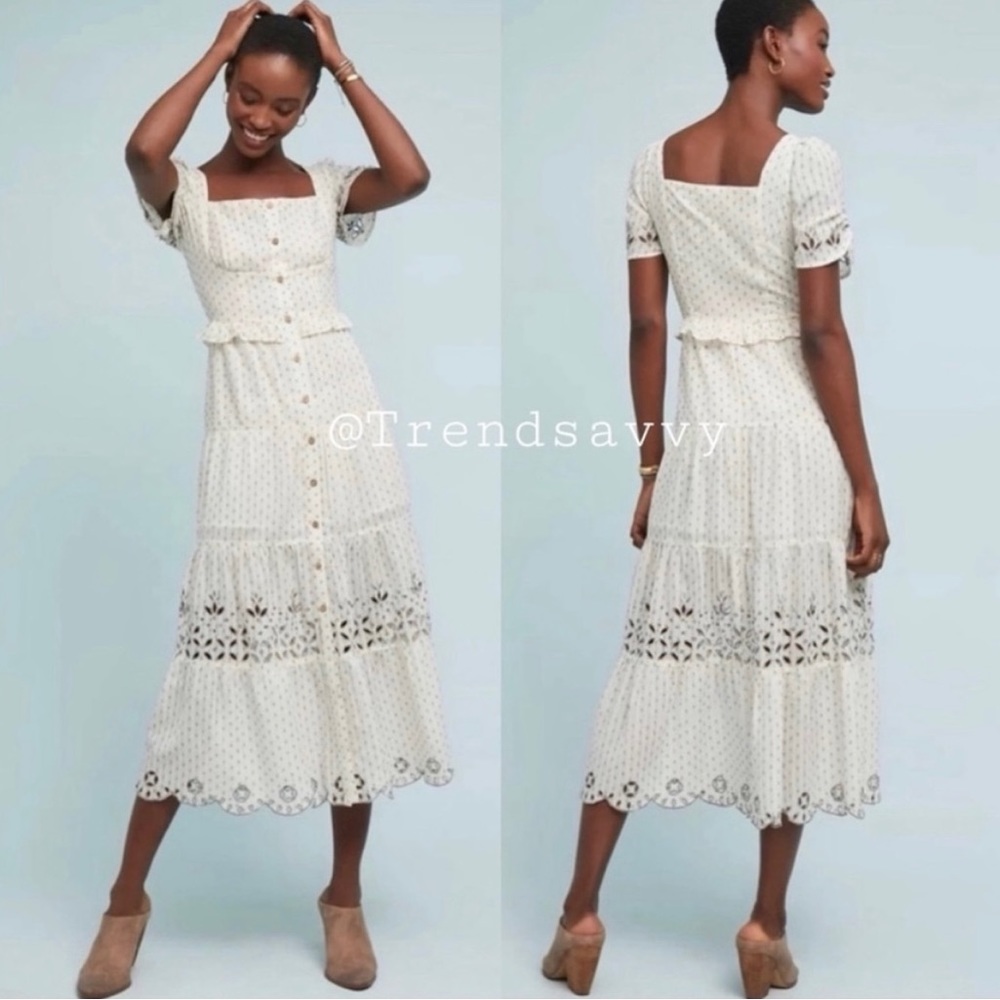 NWT Anthropologie Eyelet Embroidered Button Down Midi Dress with Square Neck